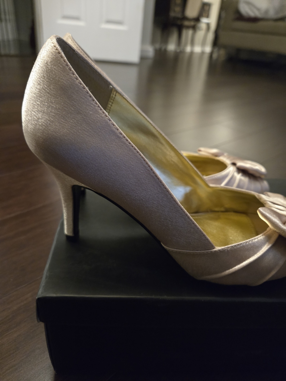 Nina Gold Blush Satin Peep-Toe Heels with Bow Accent and matching Clutch.